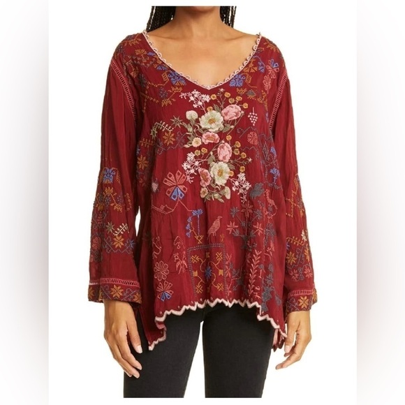 Johnny Was Tops - Johnny Was Floral Bird Embroidered Long Bell Sleeve V-neck Top Size Small
